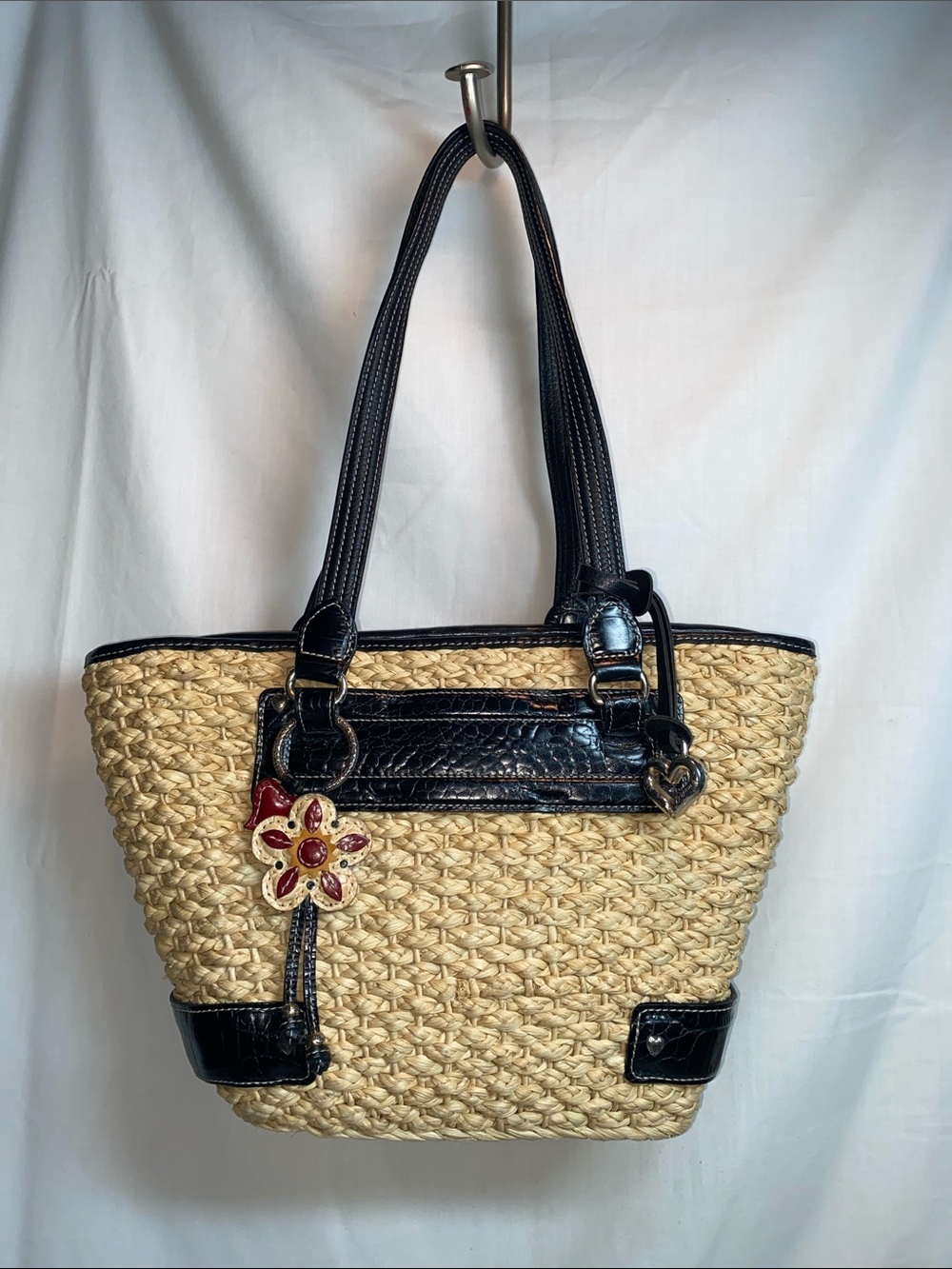 Brighton Straw Tote with Black Trim and Red Floral Charm